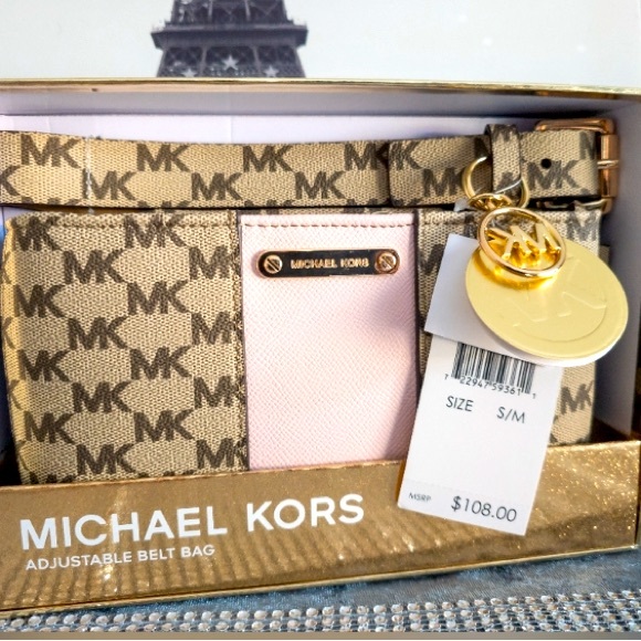 MICHAEL KORS Pink Signature MK Monogram Adjustable Belt Bag w/Gift Box - Picture 1 of 9